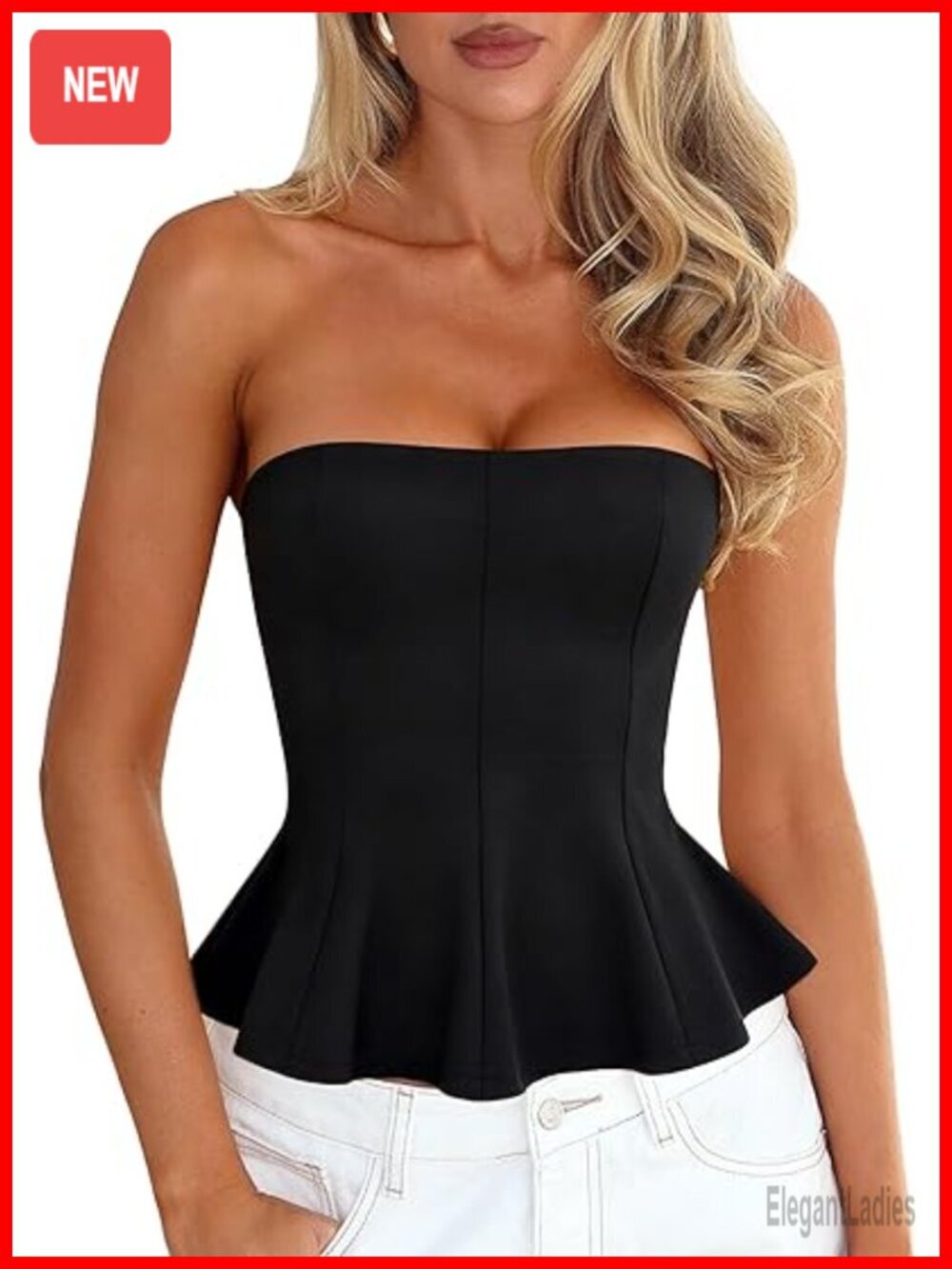 Bandeau Peplum Top Strapless Tube Top Flare Ruffle Hem Sleeveless Cami Tank Top
